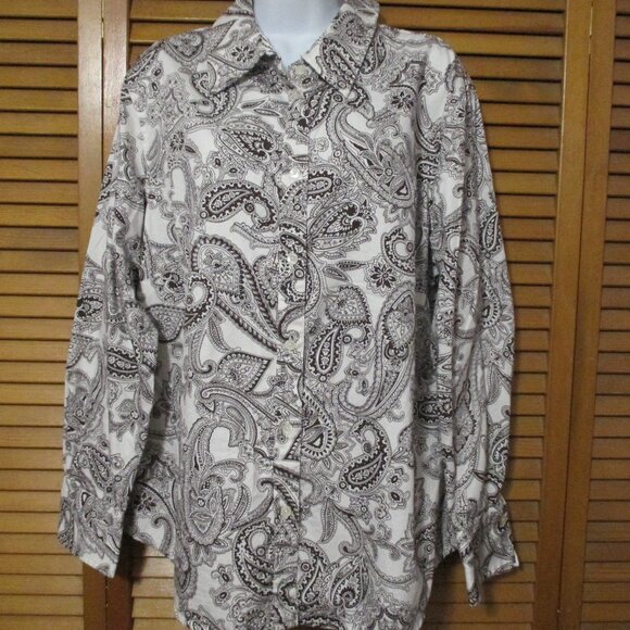 Jones New York top long sleeve button down brown and cream cotton blouse size 2x - Picture 1 of 8